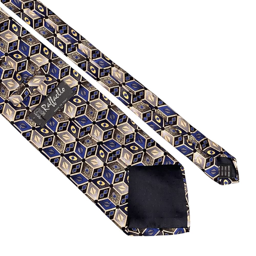 Raffaello 100% Silk Tie Mens Black Blue Classic Geometric Pointed Handmade Italy